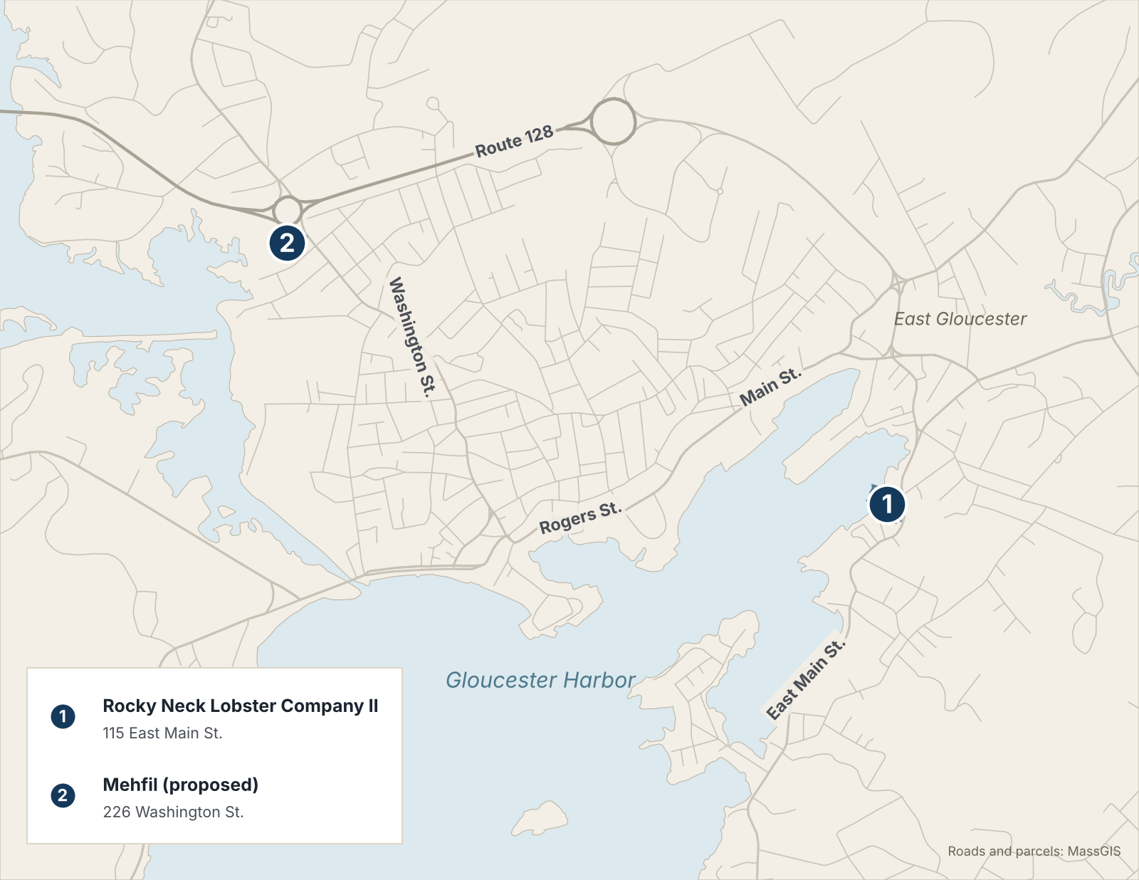 Map of downtown Gloucester, the harbor and East Gloucester. Pin 1 marks Rocky Neck Lobster Company II at 115 East Main St. on the east side of the harbor. Pin 2 marks the proposed Mehfil restaurant at 226 Washington St., near Route 128 north of downtown.
