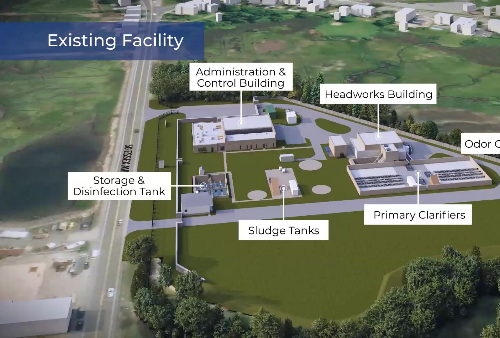 A rendering of the existing sewer plant on Essex Avenue with labels for the administration and control building, headworks building, primary clarifiers, sludge tanks, storage and disinfection tank and odor control biofilter.