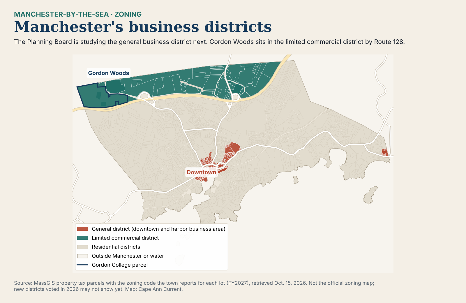 Map of Manchester-by-the-Sea zoning. The general business district is small and red, centered downtown with a small piece near the Gloucester line. The limited commercial district is a teal band north of Route 128 that includes the Gordon College parcel