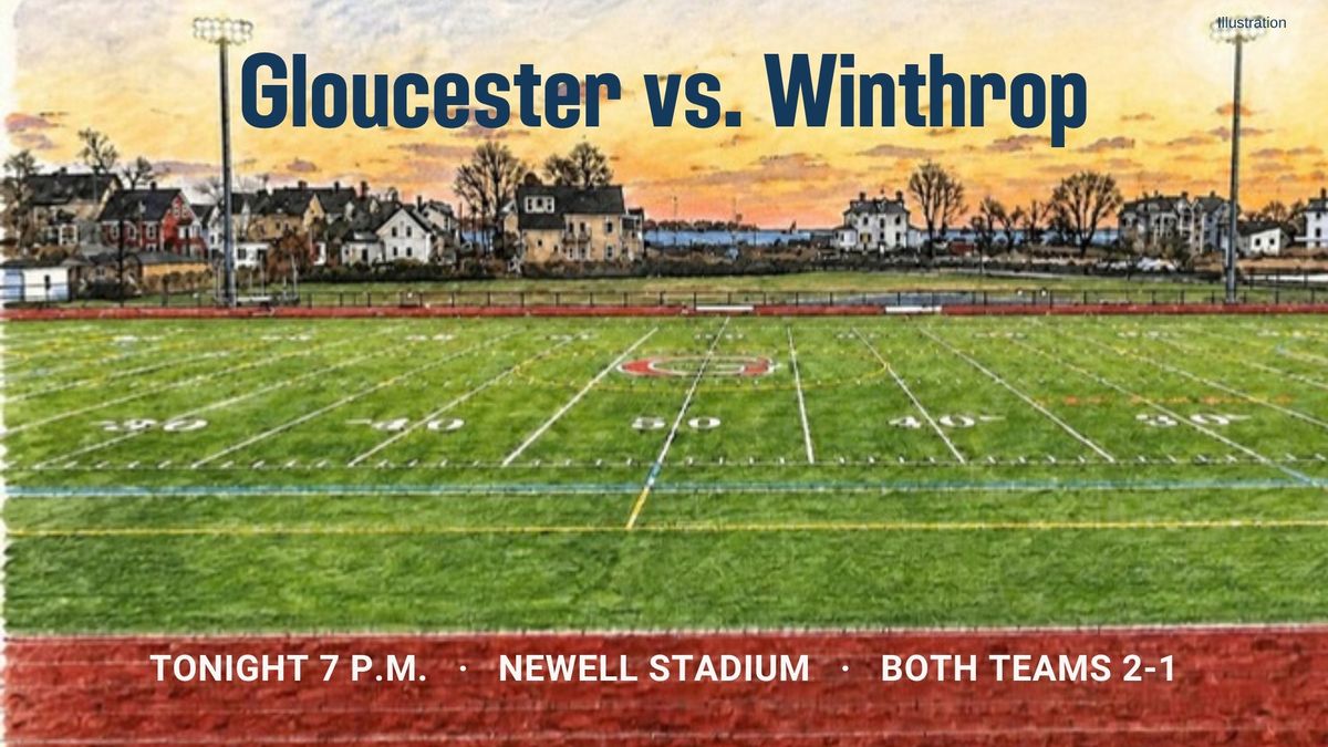 Drawing of an empty lighted football field at sunset by the harbor, with Gloucester vs. Winthrop across the sky and tonight's game details on the red track
