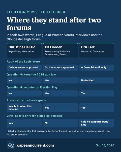 Chart titled Where they stand after two forums, comparing Christina Delisio, Gil Frieden and Dru Tarr on the legislative audit, Questions 9 and 4, net zero climate goals and girls' sports