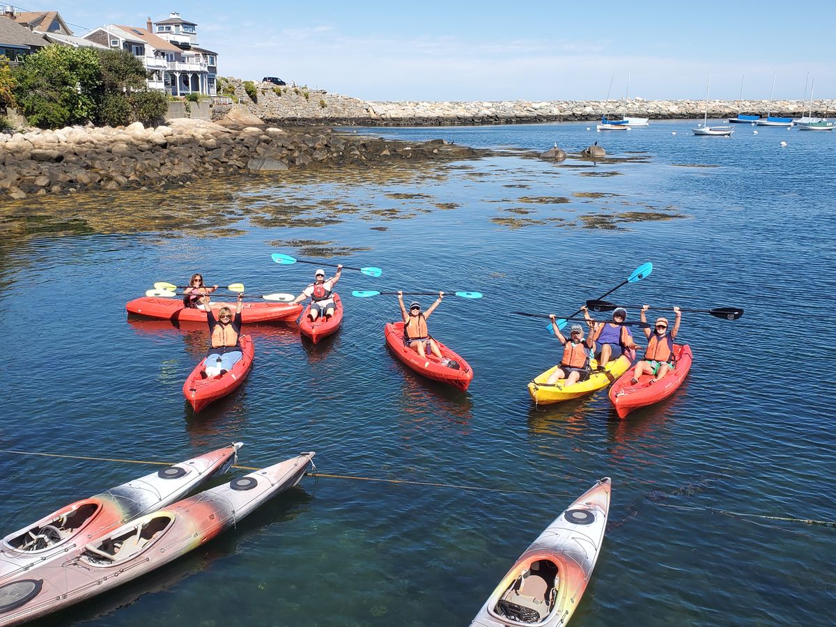 Kayakers in red, yellow and orange boats raise their paddles and arms on a sunny day on the water off Rockport, seen from above