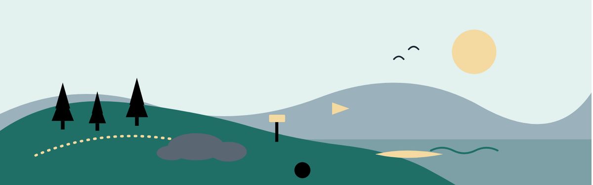 An original illustration. A sun sits over a calm sea. A wooded headland with a winding trail meets granite boulders. A kayak floats offshore. A flag, a ball and a trail marker hint at the sporting goods tax at the center of the ballot question.