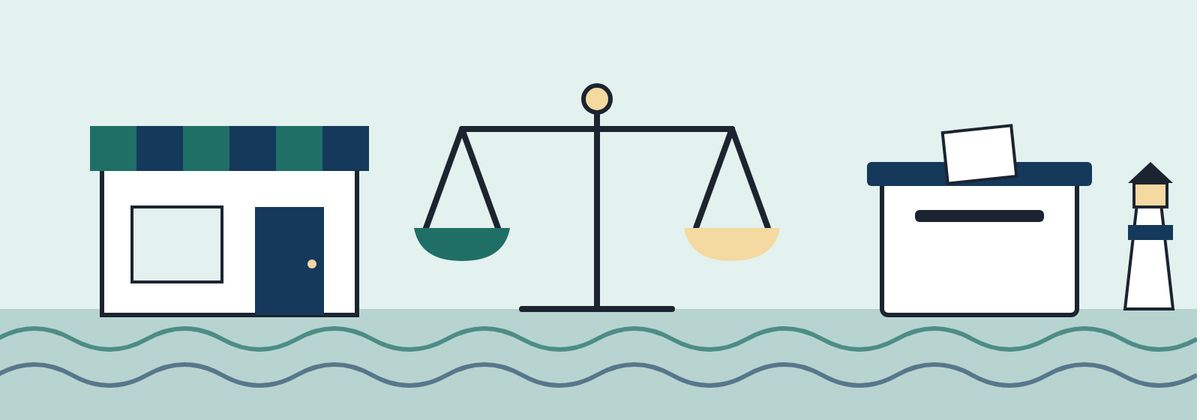 An original drawing in teal and navy. A small storefront with a striped awning stands on the left. A balance scale with two equal pans sits level in the middle. A ballot box with a slot stands on the right. Waves and a lighthouse sit along the bottom.
