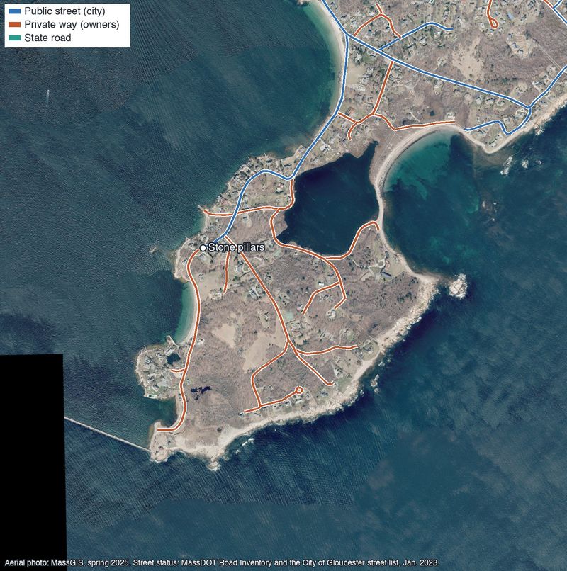 Aerial photo of Eastern Point in Gloucester with its streets drawn on: one blue public street ending at the stone pillars and a network of orange private ways beyond it, with Niles Pond, Brace Cove and the breakwater
