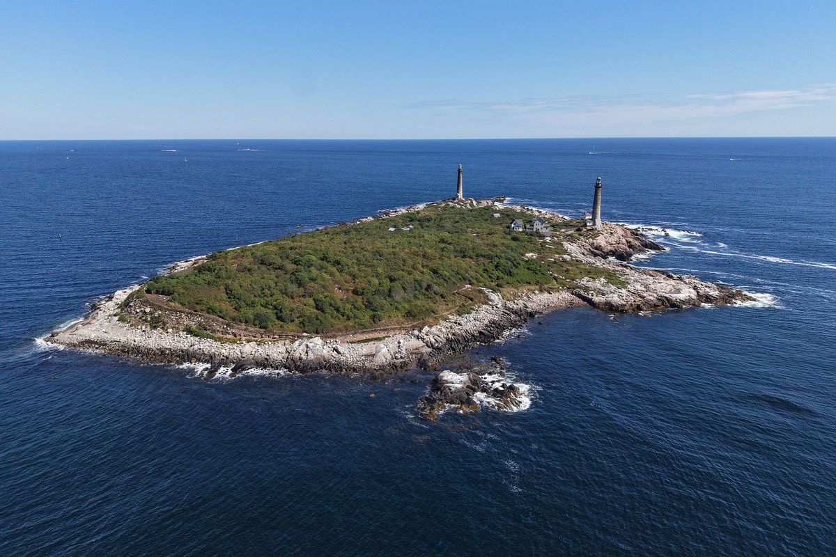 Thacher Island and its twin lighthouses from the air